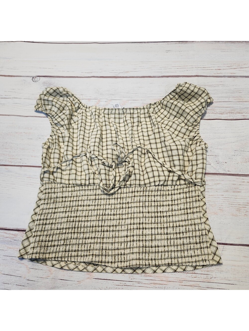 RSQ Large Women's Beige and Black Plaid Off-Shoulder Top